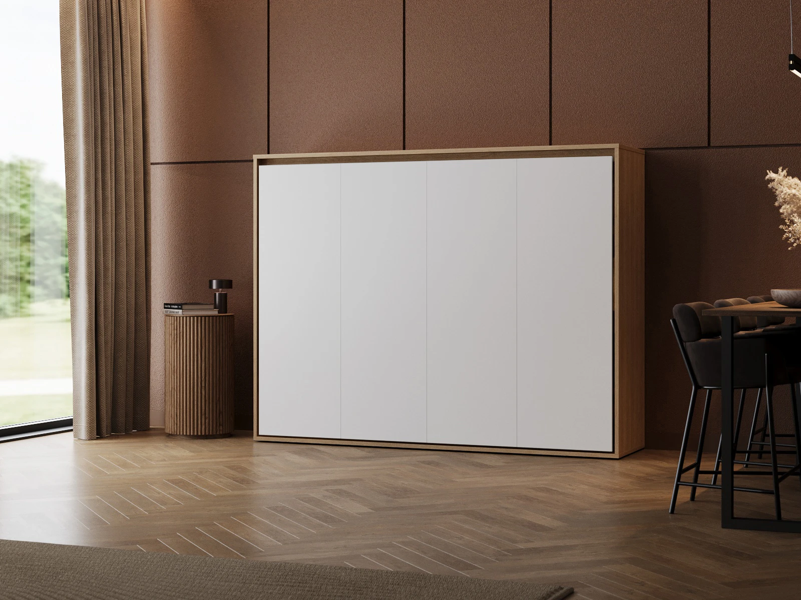 1 Lit escamotable 140x200 Horizontal (M2 55 cm de profondeur) Chêne Kaiserberg/Blanc