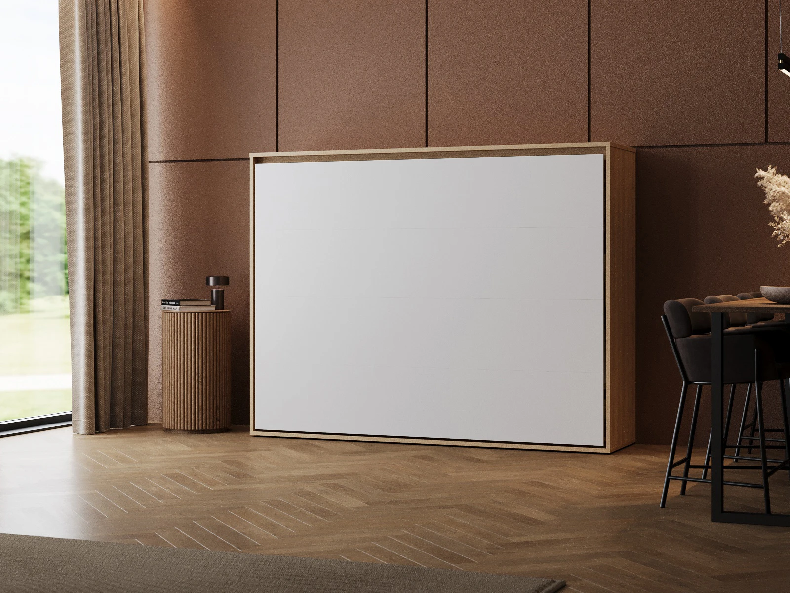 1 Lit escamotable 140x200 Horizontal (M2 55 cm de profondeur) Chêne Kaiserberg/Blanc