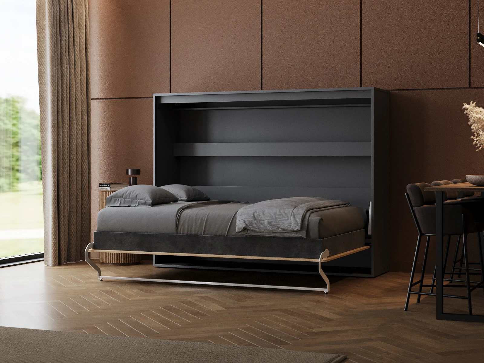 2 Lit escamotable 140x200 Horizontal (M2 55 cm de profondeur) Anthracite/Chêne Kaiser