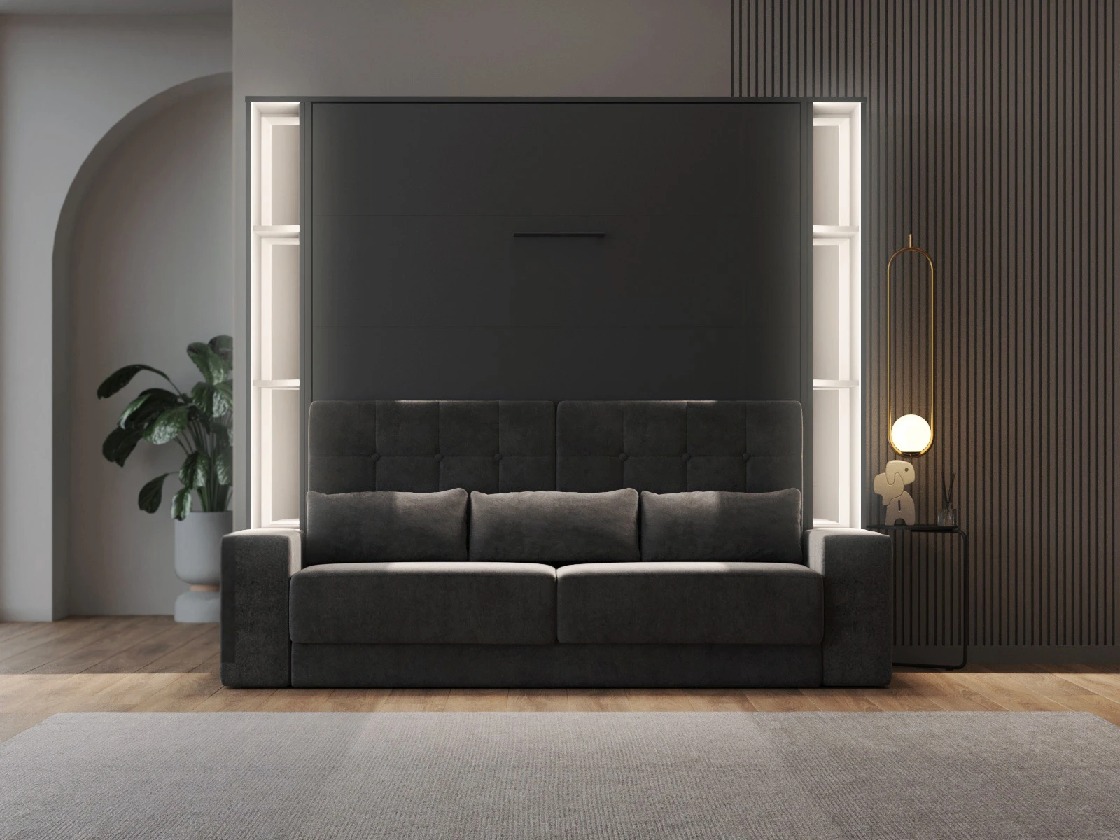 2 SMARTBett Lit escamotable Set avec SOFA M1 160x200 Anthracite + 2 étagères sur pied avec LED