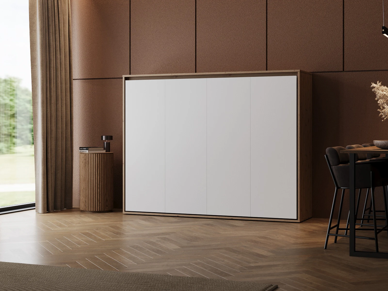 1 Lit escamotable 140x200 Horizontal (M2 55 cm de profondeur) Chêne sauvage/ Blanc