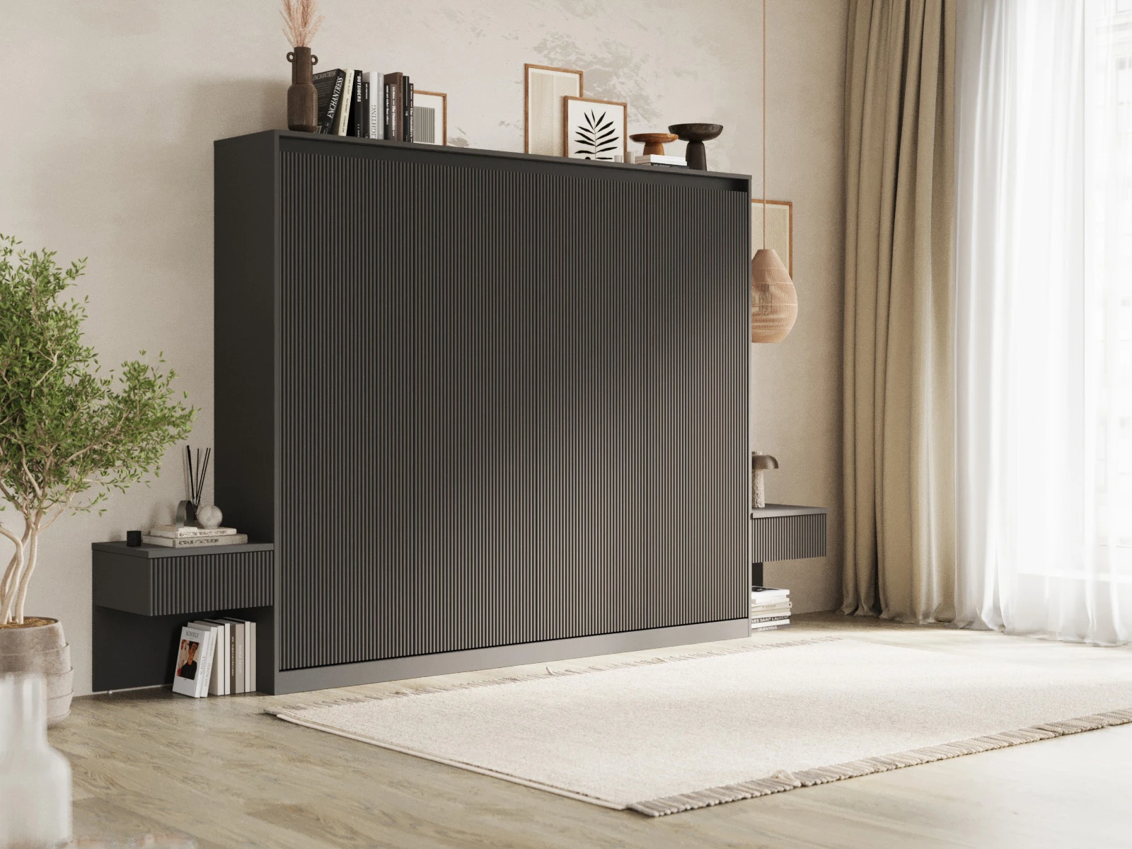 1 Lit escamotable Classic 140x200H WAVES avec 2 Table de chevet Anthracite / Anthracite Vagues