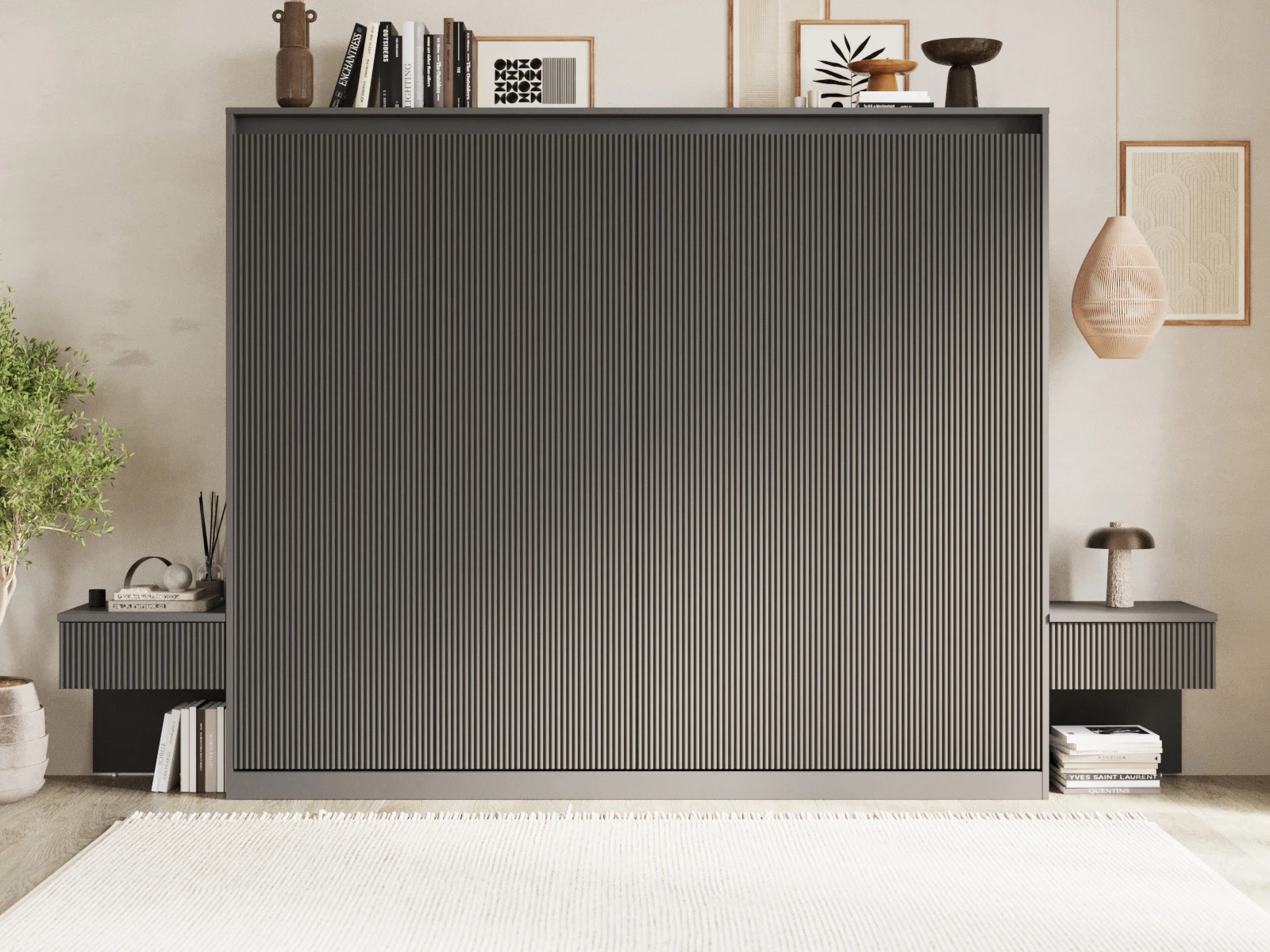 Lit escamotable Classic 140x200H WAVES avec 2 Table de chevet Anthracite / Anthracite Vagues picture 3